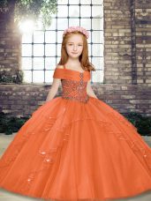 Floor Length Orange Kids Pageant Dress Spaghetti Straps Sleeveless Lace Up