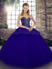 Custom Made Blue Ball Gowns Beading and Appliques Sweet 16 Quinceanera Dress Lace Up Tulle Sleeveless Floor Length