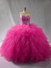 Fuchsia 15th Birthday Dress Sweet 16 and Quinceanera with Beading and Ruffles Halter Top Sleeveless Lace Up