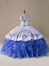 Free and Easy Sleeveless Satin and Organza Brush Train Lace Up Ball Gown Prom Dress in Blue And White with Embroidery and Ruffles
