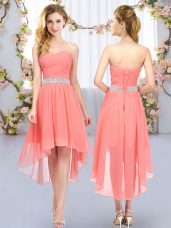 Wonderful Watermelon Red Sleeveless High Low Belt Lace Up Quinceanera Court of Honor Dress