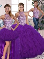 Most Popular Sleeveless Tulle Floor Length Lace Up Quince Ball Gowns in Purple with Beading and Ruffles
