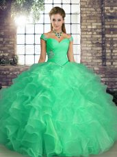 Sleeveless Organza Floor Length Lace Up Quinceanera Gown in Turquoise with Beading and Ruffles