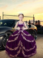 Fashion Sleeveless Satin Floor Length Lace Up Glitz Pageant Dress in Purple with Embroidery