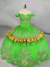 Exceptional Green Lace Up Off The Shoulder Embroidery Quinceanera Dresses Satin Sleeveless