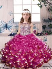 Fuchsia Organza Lace Up Scoop Sleeveless Floor Length Child Pageant Dress Beading and Ruffles