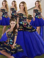 Royal Blue Off The Shoulder Neckline Embroidery Quinceanera Dress Sleeveless Lace Up