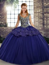Flare Purple Ball Gowns Beading and Appliques Quinceanera Gown Lace Up Tulle Sleeveless Floor Length