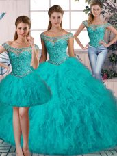 Ball Gowns Sleeveless Aqua Blue Quinceanera Dresses Brush Train Lace Up