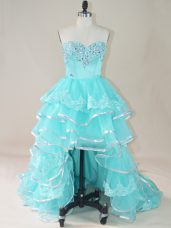 Simple Aqua Blue Sleeveless High Low Beading and Lace and Ruffled Layers Lace Up Celebrity Dresses