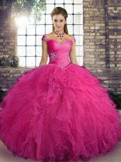 Ideal Floor Length Lace Up Quince Ball Gowns Hot Pink for Military Ball and Sweet 16 and Quinceanera with Beading and Ruffles