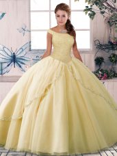 Ball Gowns Sleeveless Yellow Quinceanera Dress Brush Train Lace Up