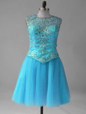 Aqua Blue Scoop Neckline Beading and Sequins Prom Evening Gown Sleeveless Lace Up