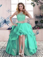 Apple Green Sleeveless High Low Beading and Lace and Ruffles Zipper Prom Homecoming Dress