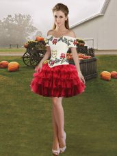Sleeveless Organza Lace Up Juniors Party Dress in Wine Red with Embroidery and Ruffled Layers