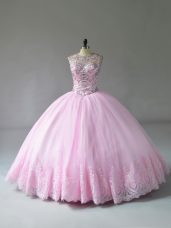 Low Price Baby Pink Lace Up Scoop Beading and Appliques Sweet 16 Dress Tulle Sleeveless