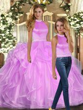 Sophisticated Organza Halter Top Sleeveless Backless Beading and Ruffles Quinceanera Dresses in Lilac