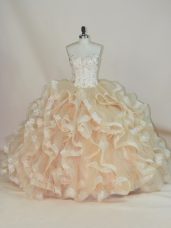 Champagne Ball Gowns Sweetheart Sleeveless Floor Length Lace Up Beading and Ruffles 15th Birthday Dress