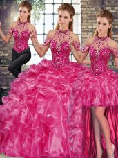 Fuchsia Three Pieces Beading and Ruffles Ball Gown Prom Dress Lace Up Organza Sleeveless Floor Length