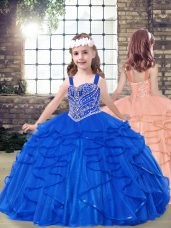 Superior Royal Blue Ball Gowns Straps Sleeveless Tulle Floor Length Lace Up Beading and Ruffles Little Girl Pageant Dress