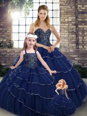 Navy Blue Quinceanera Dress Sweetheart Sleeveless Brush Train Lace Up