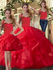 Hot Sale Floor Length Red Quince Ball Gowns Tulle Sleeveless Ruffles