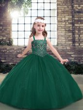 Latest Straps Sleeveless Little Girls Pageant Dress Floor Length Beading Green Tulle