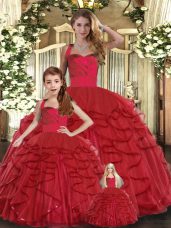 Custom Designed Sleeveless Floor Length Ruffles Lace Up Quinceanera Gown with Red