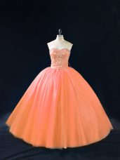Exceptional Peach Sleeveless Beading Lace Up Ball Gown Prom Dress