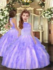 Custom Design Lavender Backless High-neck Beading and Ruffles Little Girl Pageant Gowns Tulle Sleeveless