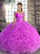Lilac Ball Gowns Fabric With Rolling Flowers Off The Shoulder Sleeveless Beading Floor Length Lace Up Ball Gown Prom Dress
