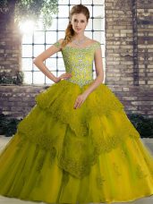 Inexpensive Sleeveless Tulle Brush Train Lace Up Ball Gown Prom Dress in Olive Green with Beading and Lace