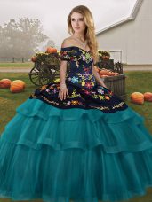 Sleeveless Embroidery and Ruffled Layers Lace Up Quinceanera Dresses with Teal Brush Train