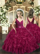 Affordable Floor Length Burgundy Little Girls Pageant Dress Organza Sleeveless Beading and Ruffles