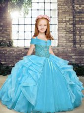 Aqua Blue Little Girls Pageant Dress Wholesale Party and Wedding Party with Beading and Ruffles Straps Sleeveless Lace Up