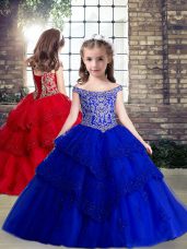 Fashion Royal Blue Lace Up Little Girls Pageant Gowns Sleeveless Floor Length Beading and Appliques