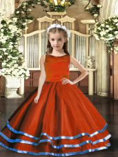 Custom Fit Rust Red Ball Gowns Scoop Sleeveless Tulle Floor Length Lace Up Ruffled Layers Pageant Dress for Teens