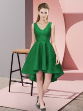 Dark Green Lace Zipper Bridesmaid Dress Sleeveless High Low Lace