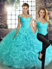 Lovely Aqua Blue Sleeveless Fabric With Rolling Flowers Lace Up Quince Ball Gowns for Military Ball and Sweet 16 and Quinceanera