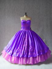 Custom Fit Sweetheart Sleeveless Quinceanera Dresses Floor Length Embroidery Purple Satin and Organza