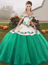 Floor Length Lace Up Ball Gown Prom Dress Turquoise for Military Ball and Sweet 16 and Quinceanera with Embroidery