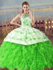 Organza Halter Top Sleeveless Court Train Lace Up Embroidery and Ruffles Sweet 16 Quinceanera Dress in