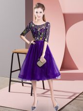 Half Sleeves Tulle Knee Length Lace Up Damas Dress in Purple with Embroidery