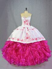 Hot Pink Sleeveless Brush Train Beading and Embroidery and Ruffles Quinceanera Dresses