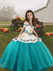 Floor Length Aqua Blue Pageant Gowns For Girls Straps Sleeveless Lace Up