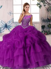 On Sale Purple Quinceanera Gowns Scoop Sleeveless Brush Train Zipper