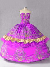 Super Purple Ball Gowns Satin and Organza Sweetheart Sleeveless Embroidery and Bowknot Floor Length Lace Up Sweet 16 Quinceanera Dress