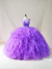 Sweet Tulle Scoop Sleeveless Lace Up Beading and Ruffles Quinceanera Gown in Purple