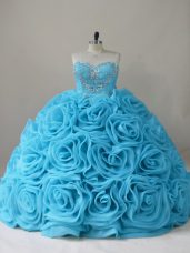 Sweetheart Sleeveless Brush Train Side Zipper Sweet 16 Quinceanera Dress Baby Blue Fabric With Rolling Flowers