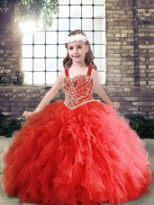 Red Tulle Lace Up Child Pageant Dress Sleeveless Floor Length Beading and Ruffles